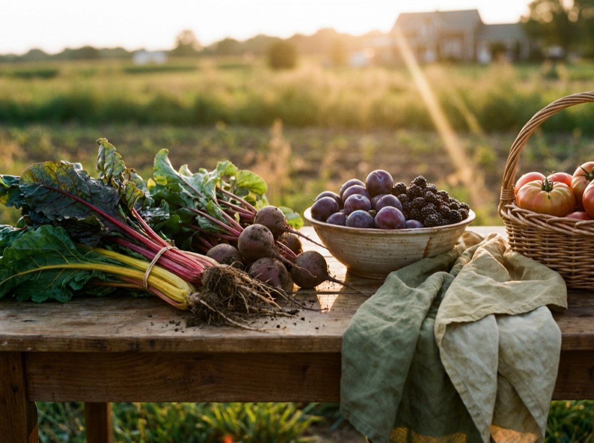 A wooden farm table at golden hour holding bundles of chard, muddy beets, and a bowl of plums and blackberries