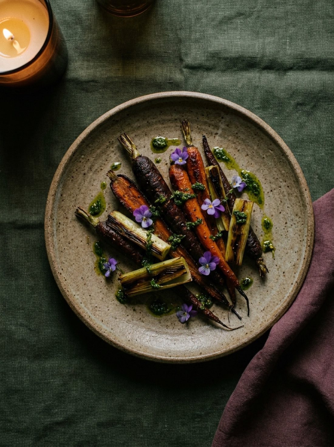 Roasted heirloom carrots and charred leeks on a stoneware plate, dressed with herb oil and violas, on moss-green linen