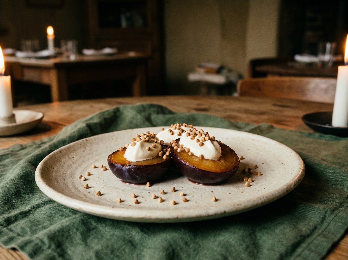 Poached plum halves with cultured cream and toasted buckwheat on a parchment-cream stoneware plate