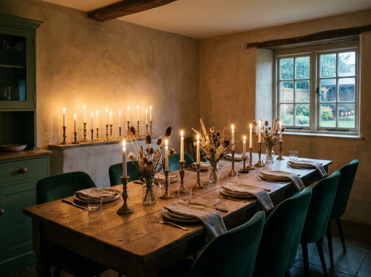 A candlelit private dining room with a long oak table set for ten, plaster walls and dried botanicals